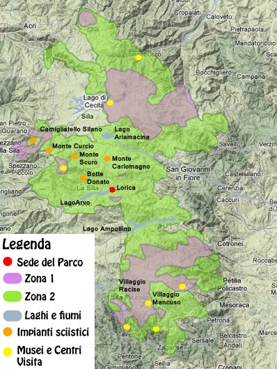 Plattegrond van het Nationaal Park Sila in Calabrië (bron: Wikimedia)