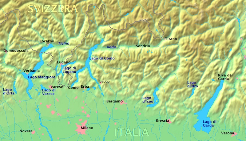 Kaart van de meren in Noord-Italië 