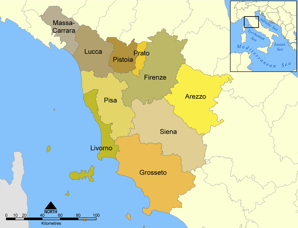 De provincies van Toscane op de kaart