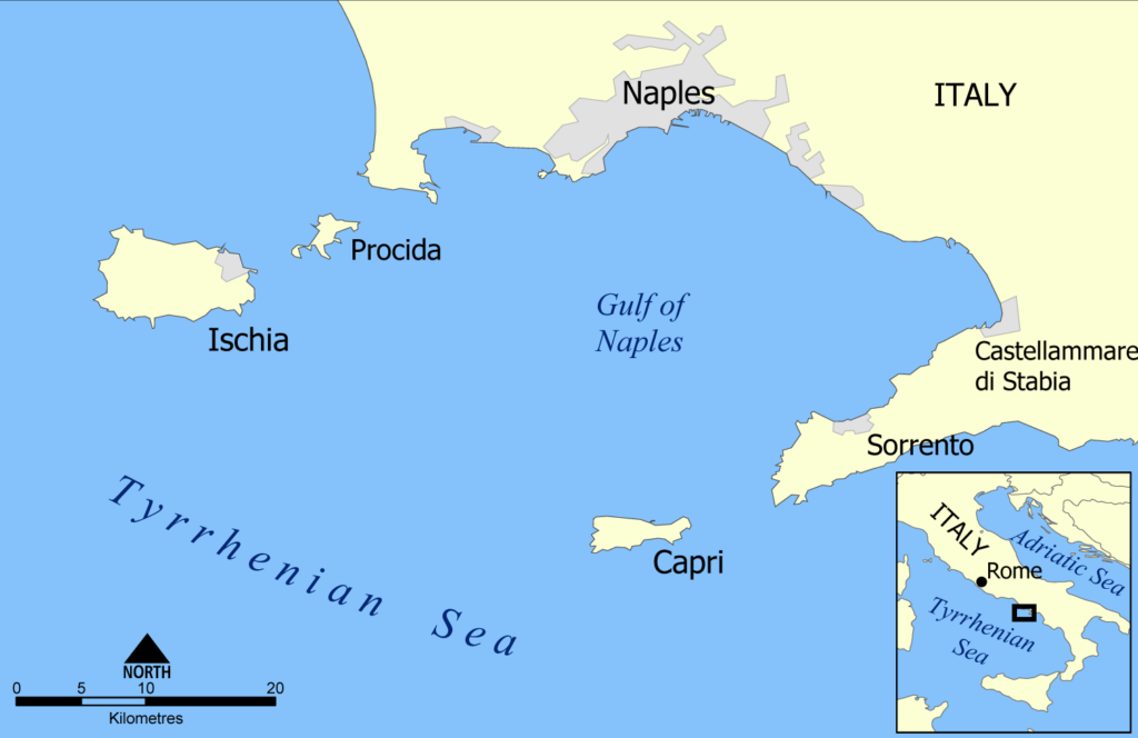 De ligging van Procida in de Baai van Napels