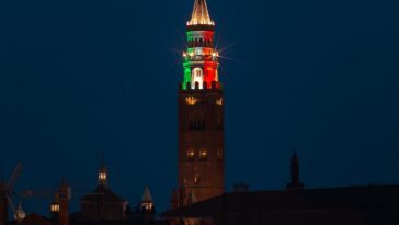 Italiaanse driekleur op de klokkentoren van Cremona