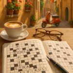Italiaanse puzzelwoorden in een kruiswoordraadsel op een zonnig terrasje in Toscane