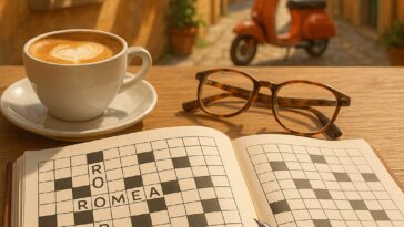 Italiaanse puzzelwoorden in een kruiswoordraadsel op een zonnig terrasje in Toscane