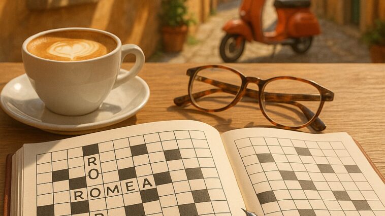 Italiaanse puzzelwoorden in een kruiswoordraadsel op een zonnig terrasje in Toscane