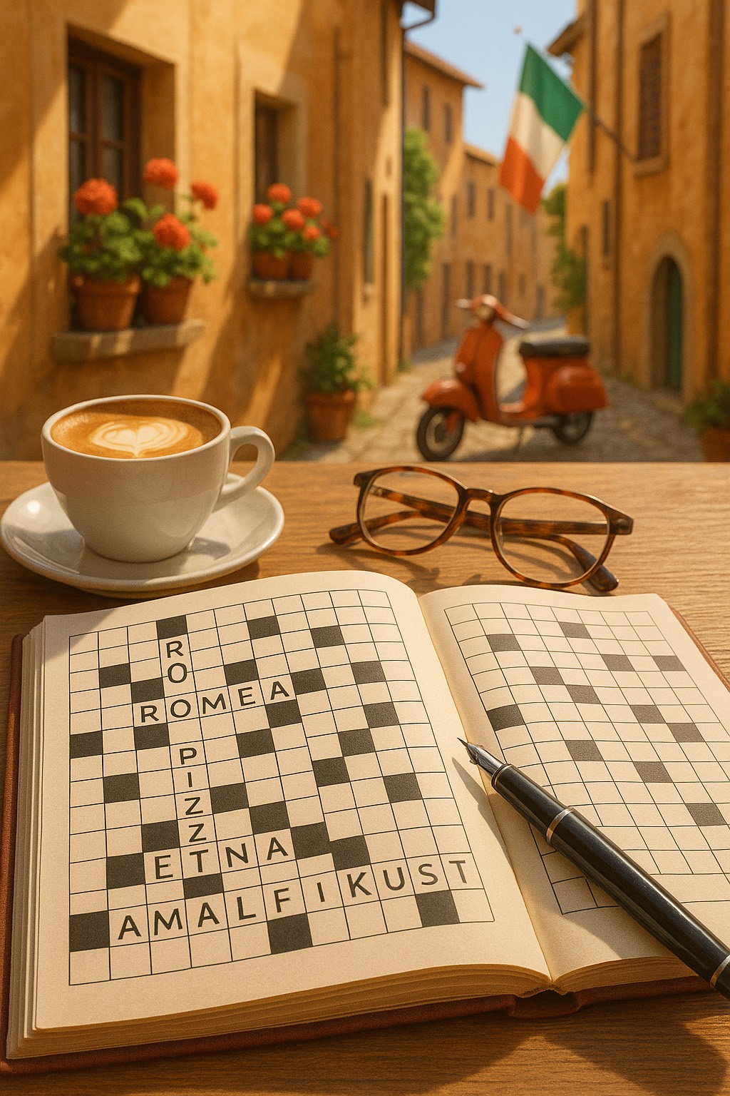 Italiaanse puzzelwoorden in een kruiswoordraadsel op een zonnig terrasje in Toscane