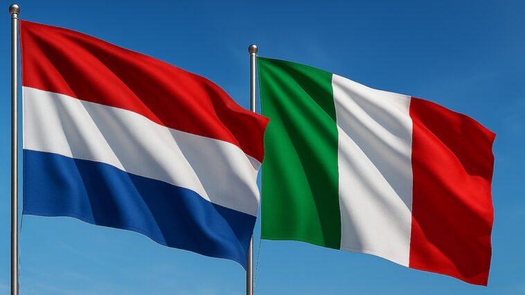 Vlag van Nederland en vlag van Italië wapperend naast elkaar