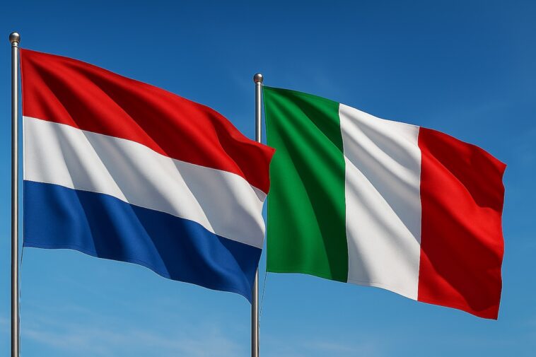Vlag van Nederland en vlag van Italië wapperend naast elkaar