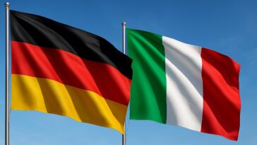 Vlag van Duitsland en vlag van Italië wapperend naast elkaar